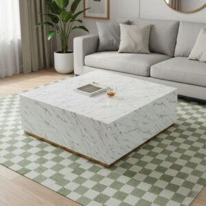 Tanush Furnitures Handcrafted Wooden Coffee Table Featuring Elegant White Marble Texture (White) - Image 2