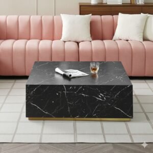 Tanush Furnitures Noir Designer Wooden Coffee Table with Black Marble Texture (Black) - Image 8
