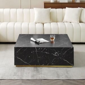 Tanush Furnitures Noir Designer Wooden Coffee Table with Black Marble Texture (Black) - Image 4