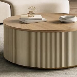 Tanush furnitures Modern Round Wood Coffee Table with Hidden Storage (Beige) - Image 6