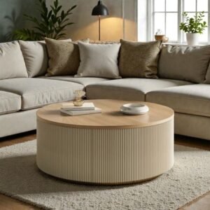 Tanush furnitures Modern Round Wood Coffee Table with Hidden Storage (Beige) - Image 8