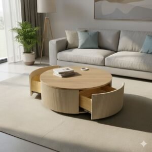 Tanush furnitures Modern Round Wood Coffee Table with Hidden Storage (Beige) - Image 2