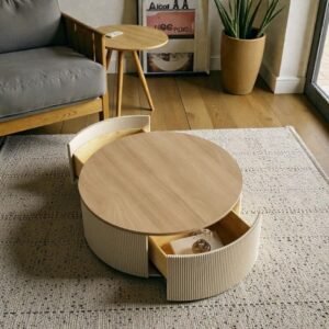 Tanush furnitures Modern Round Wood Coffee Table with Hidden Storage (Beige) - Image 1