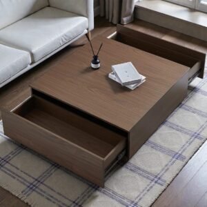 Tanush Furnitures Wooden Coffee Table with Dual Storage Drawers – Walnut Finish (Brown) - Image 1