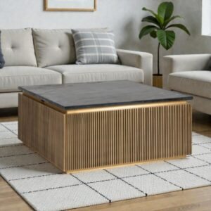 Tanush Furnitures Modern Golden Glow Fluted Square Coffee Table (Golden Yellow) - Image 1