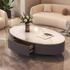 Tanush Furnitures Oval Wooden Coffee Table with Storage (Warm Cream Beige) - Image 8