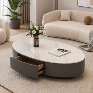 Tanush Furnitures Oval Wooden Coffee Table with Storage (Warm Cream Beige) - Image 2