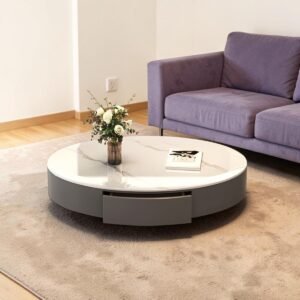 Tanush Furnitures Oval Wooden Coffee Table with Storage (Warm Cream Beige) - Image 6