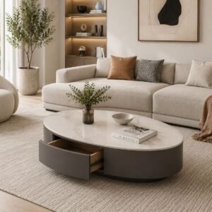 Tanush Furnitures Oval Wooden Coffee Table with Storage (Warm Cream Beige) - Image 1