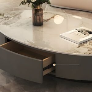 Tanush Furnitures Oval Wooden Coffee Table with Storage (Warm Cream Beige) - Image 5