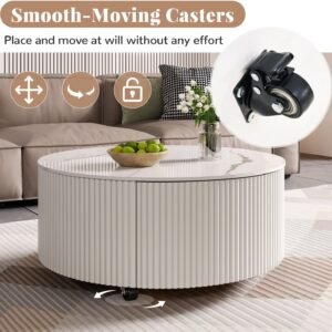 Tanush Furnitures Luna Round Storage Coffee Table with Fluted Design (White) - Image 5