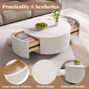 Tanush Furnitures Luna Round Storage Coffee Table with Fluted Design (White) - Image 6