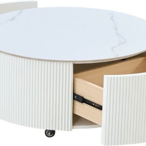 Tanush Furnitures Luna Round Storage Coffee Table with Fluted Design (White) - Image 4