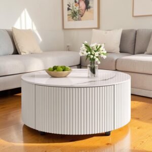 Tanush Furnitures Luna Round Storage Coffee Table with Fluted Design (White) - Image 7