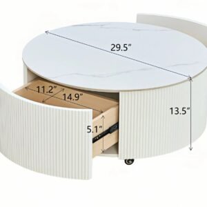 Tanush Furnitures Luna Round Storage Coffee Table with Fluted Design (White) - Image 3