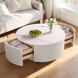 Tanush Furnitures Luna Round Storage Coffee Table with Fluted Design (White) - Image 1