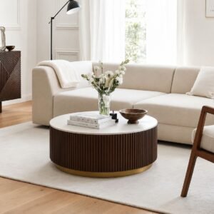 Tanush Furnitures Auric Fluted Round Wooden Coffee Table (Black) - Image 1