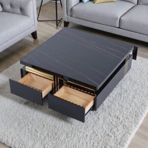 Tanush Furnitures Modern Black Wooden Coffee Table with Gold Accents & Hidden Storage Drawers (Black) - Image 2