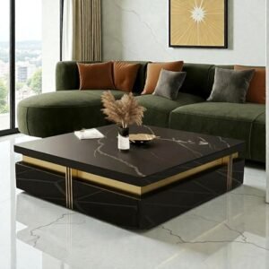 Tanush Furnitures Modern Black Wooden Coffee Table with Gold Accents & Hidden Storage Drawers (Black) - Image 8