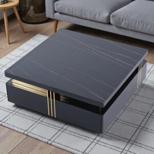 Tanush Furnitures Modern Black Wooden Coffee Table with Gold Accents & Hidden Storage Drawers (Black) - Image 7
