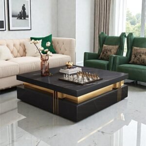 Tanush Furnitures Modern Black Wooden Coffee Table with Gold Accents & Hidden Storage Drawers (Black) - Image 1