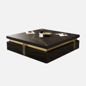 Tanush Furnitures Modern Black Wooden Coffee Table with Gold Accents & Hidden Storage Drawers (Black) - Image 6