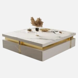 Tanush Furnitures Modern White Wooden Coffee Table with Gold Accents & Hidden Storage Drawers (White) - Image 6