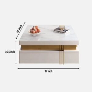 Tanush Furnitures Modern White Wooden Coffee Table with Gold Accents & Hidden Storage Drawers (White) - Image 3
