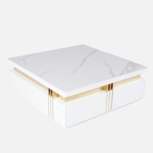Tanush Furnitures Modern White Wooden Coffee Table with Gold Accents & Hidden Storage Drawers (White) - Image 5