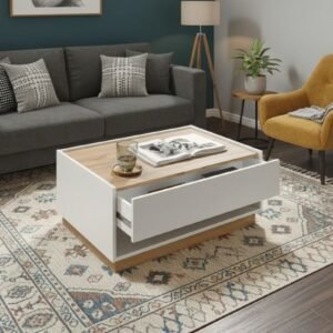 Tanush Furnitures UrbanWhite Modern Wooden Coffee Table with Integrated Drawer, Open Storage (White) - Image 1