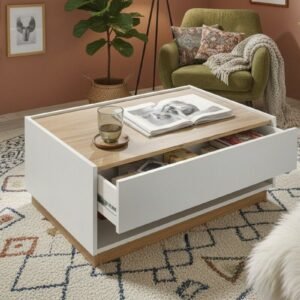 Tanush Furnitures UrbanWhite Modern Wooden Coffee Table with Integrated Drawer, Open Storage (White) - Image 2