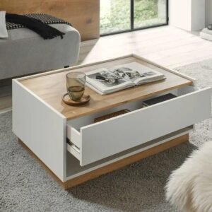 Tanush Furnitures UrbanWhite Modern Wooden Coffee Table with Integrated Drawer, Open Storage (White) - Image 8