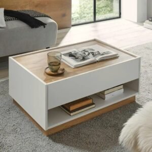 Tanush Furnitures UrbanWhite Modern Wooden Coffee Table with Integrated Drawer, Open Storage (White) - Image 7