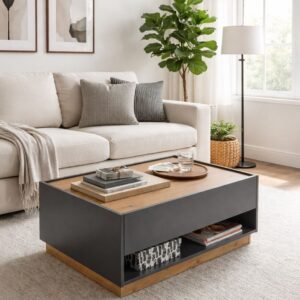 Tanush Furnitures Modern Loft Wooden Coffee Table with Sliding Drawer (Grey) - Image 2