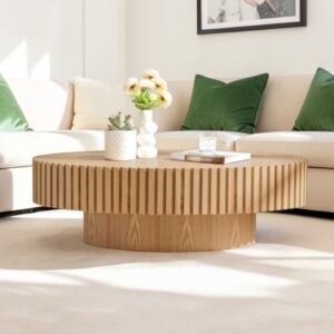 Tanush Furnitures Riyu Natural Oak Ribbed Oval Coffee Table (Natural Oak) - Image 8
