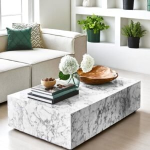 Tanush Furnitures Modern Wooden Coffee Table with Refined White Marble-Look Laminate and (White) - Image 1