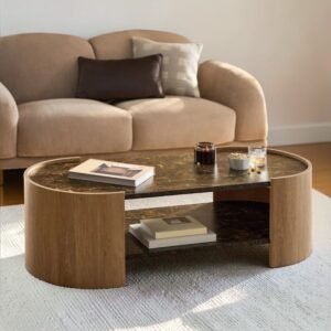 Modern Round Wooden Coffee Table with Open Storage | Black Marble Look Top - Image 2
