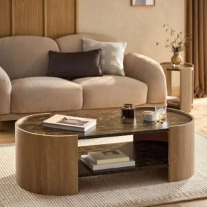 Modern Round Wooden Coffee Table with Open Storage | Black Marble Look Top - Image 4