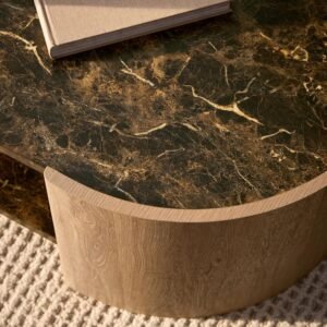Modern Round Wooden Coffee Table with Open Storage | Black Marble Look Top - Image 7