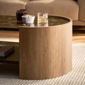 Modern Round Wooden Coffee Table with Open Storage | Black Marble Look Top - Image 3