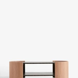 Modern Round Wooden Coffee Table with Open Storage | Black Marble Look Top - Image 5