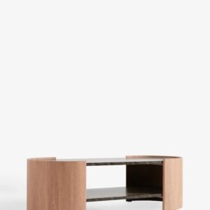 Modern Round Wooden Coffee Table with Open Storage | Black Marble Look Top - Image 8
