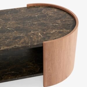 Modern Round Wooden Coffee Table with Open Storage | Black Marble Look Top - Image 6