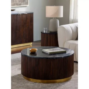 Tanush Furnitures Modern Round Fluted Wooden Coffee Table with Mica Laminated Top – Walnut Brown - Image 2