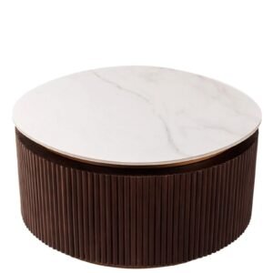 Tanush Furnitures Modern Round Wooden Coffee Table with Mica Top | Walnut Brown - Image 3