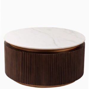 Tanush Furnitures Modern Round Wooden Coffee Table with Mica Top | Walnut Brown - Image 4