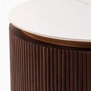Tanush Furnitures Modern Round Wooden Coffee Table with Mica Top | Walnut Brown - Image 2