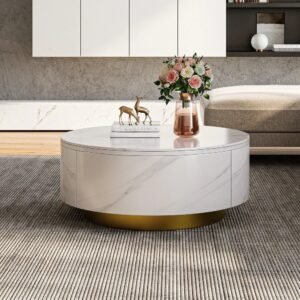 Tanush Furnitures Modern Round Coffee Table with Storage | Wooden Mica Top | White Finish - Image 3