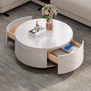 Tanush Furnitures Modern Round Coffee Table with Storage | Wooden Mica Top | White Finish - Image 1