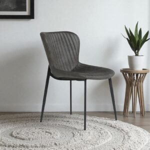 Celeste Channel-Tufted Leather Dining Chair - in Dark Grey Color - Image 1